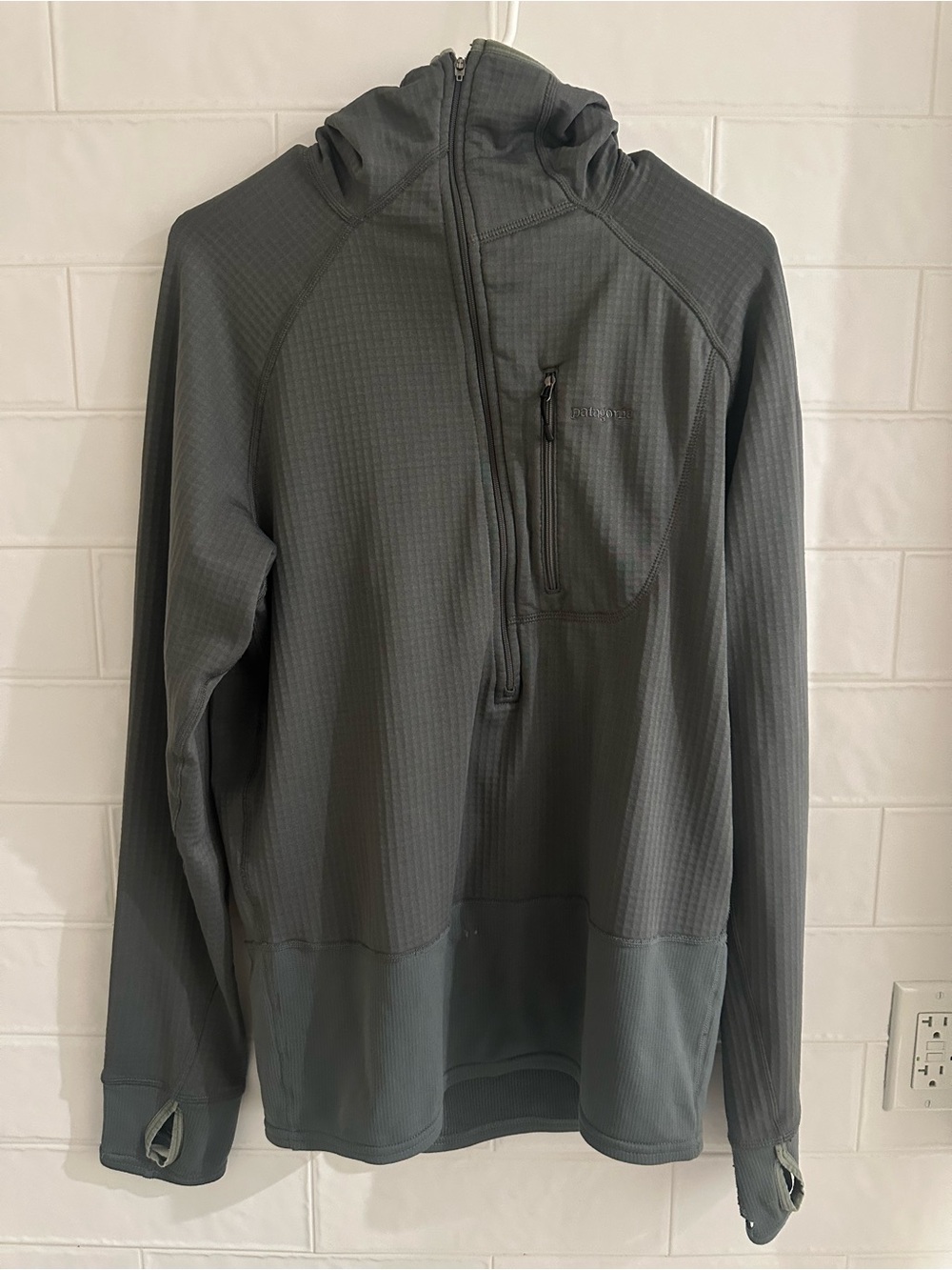 Patagonia R1 Hoody Mens S Grey Waffle Grid Fleece Polartec 1/2 Zip Outdoors